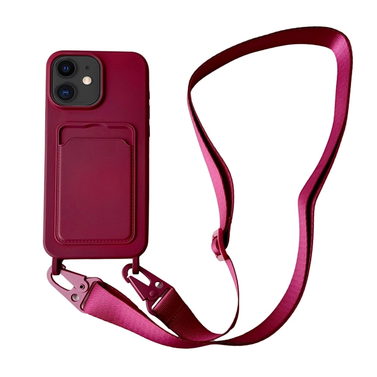 

For iPhone 11 Card Slot Liquid Silicone Phone Case with Lanyard(Wine Red)