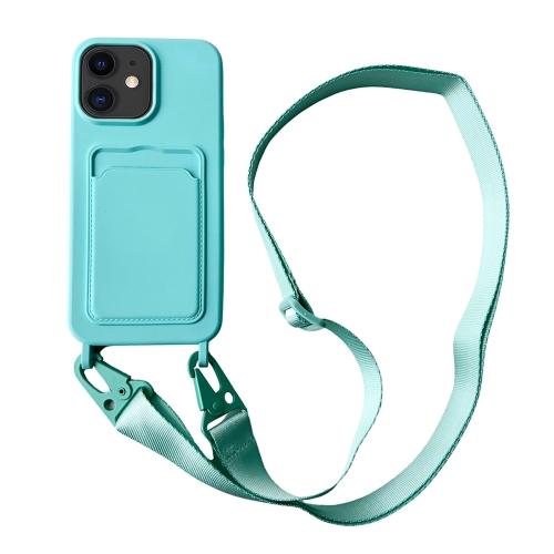 

For iPhone 11 Card Slot Liquid Silicone Phone Case with Lanyard(Mint Green)