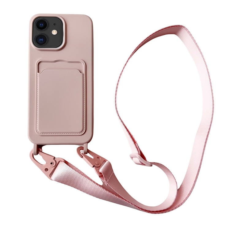 

For iPhone 11 Card Slot Liquid Silicone Phone Case with Lanyard(Light Pink)