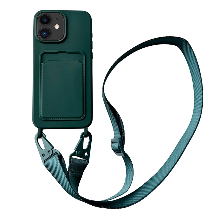 

For iPhone 11 Card Slot Liquid Silicone Phone Case with Lanyard(Dark Green)