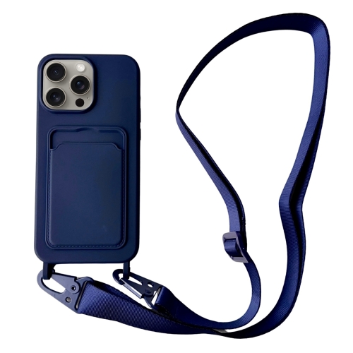 

For iPhone 11 Pro Max Card Slot Liquid Silicone Phone Case with Lanyard(Dark Blue)