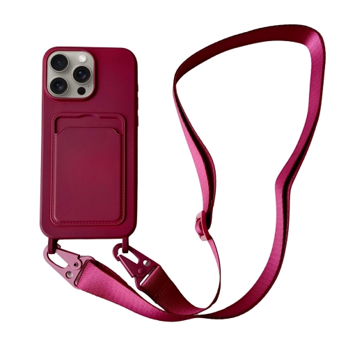 

For iPhone 11 Pro Max Card Slot Liquid Silicone Phone Case with Lanyard(Wine Red)