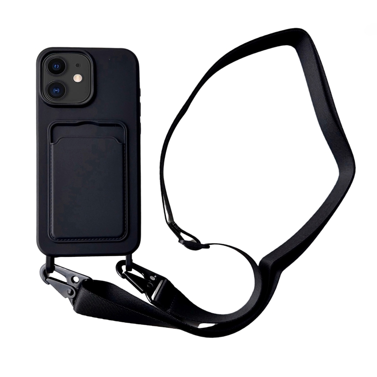 

For iPhone 12 Card Slot Liquid Silicone Phone Case with Lanyard(Black)