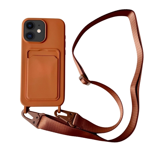 

For iPhone 12 Card Slot Liquid Silicone Phone Case with Lanyard(Brown)