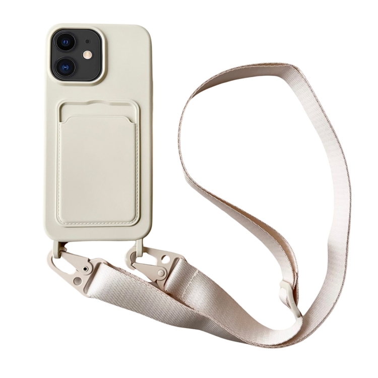 

For iPhone 12 Card Slot Liquid Silicone Phone Case with Lanyard(White)