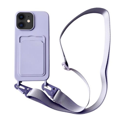 

For iPhone 12 Card Slot Liquid Silicone Phone Case with Lanyard(Light Purple)