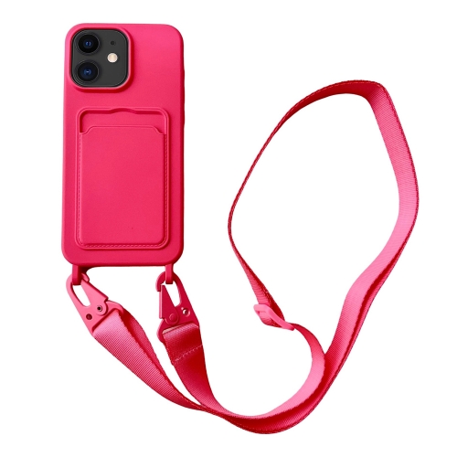 

For iPhone 12 Card Slot Liquid Silicone Phone Case with Lanyard(Rose Red)