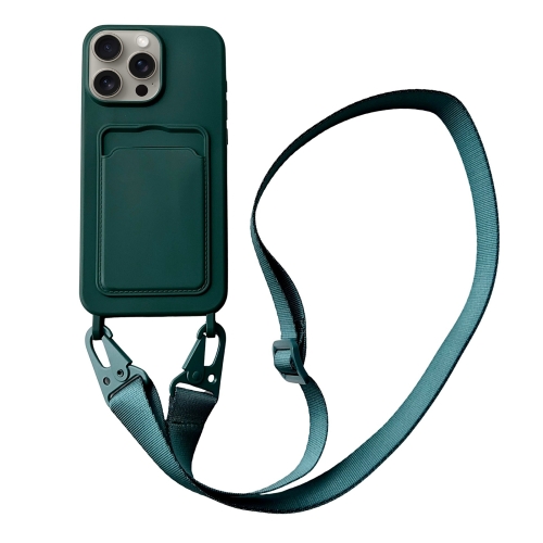 

For iPhone 12 Pro Card Slot Liquid Silicone Phone Case with Lanyard(Dark Green)