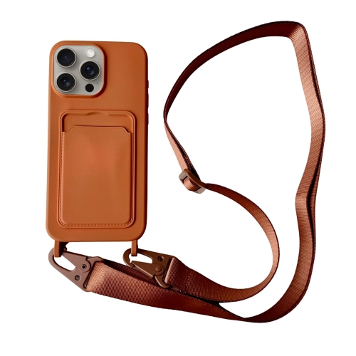 

For iPhone 12 Pro Max Card Slot Liquid Silicone Phone Case with Lanyard(Brown)