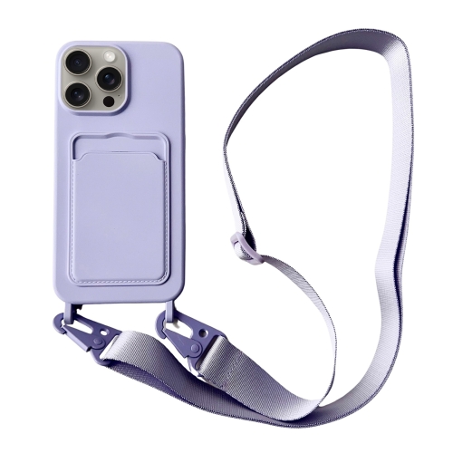

For iPhone 12 Pro Max Card Slot Liquid Silicone Phone Case with Lanyard(Light Purple)