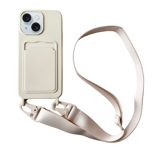 

For iPhone 13 Card Slot Liquid Silicone Phone Case with Lanyard(White)