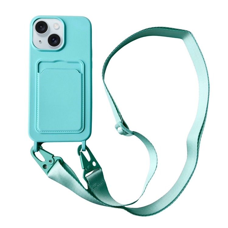 

For iPhone 13 Card Slot Liquid Silicone Phone Case with Lanyard(Mint Green)