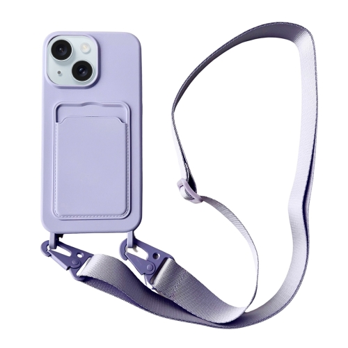 

For iPhone 13 Card Slot Liquid Silicone Phone Case with Lanyard(Light Purple)