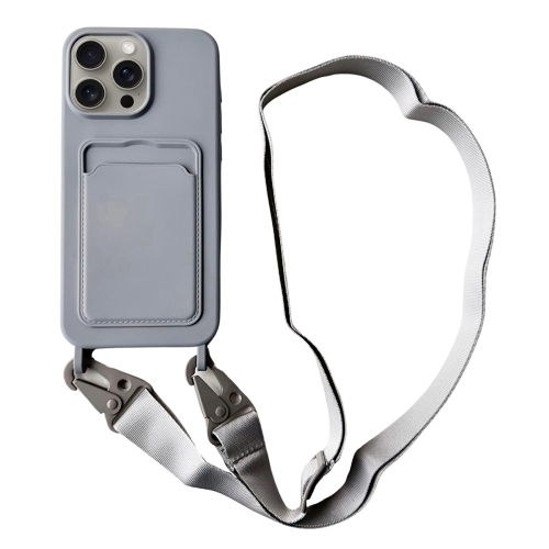 

For iPhone 13 Pro Card Slot Liquid Silicone Phone Case with Lanyard(Grey)