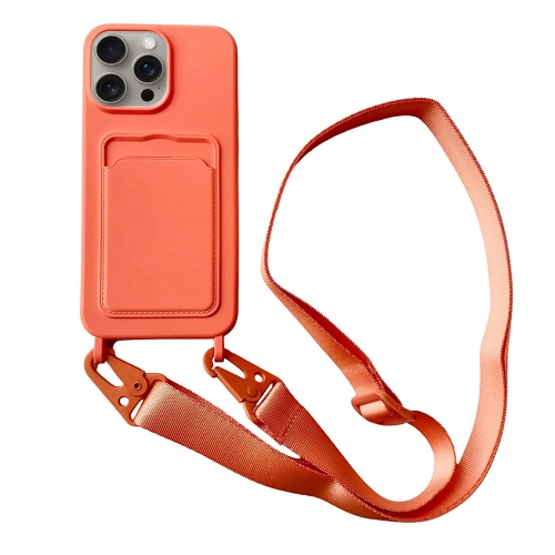 

For iPhone 13 Pro Max Card Slot Liquid Silicone Phone Case with Lanyard(Orange)