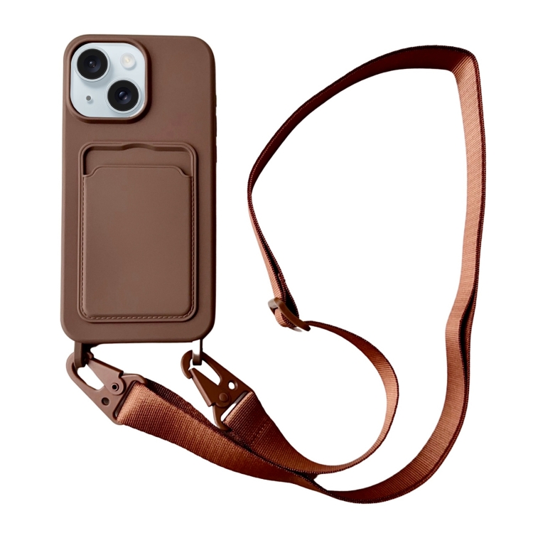 

For iPhone 14 Card Slot Liquid Silicone Phone Case with Lanyard(Coffee)