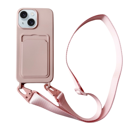

For iPhone 14 Card Slot Liquid Silicone Phone Case with Lanyard(Light Pink)