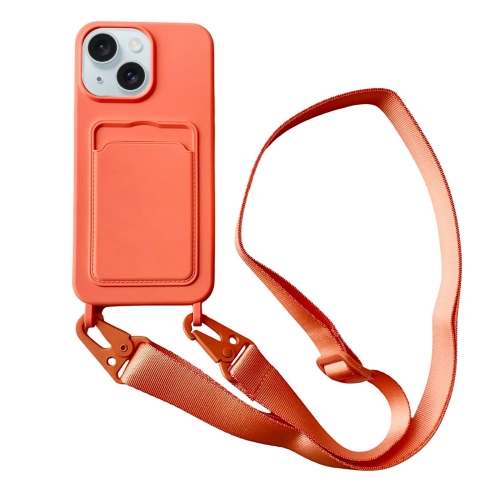 

For iPhone 14 Card Slot Liquid Silicone Phone Case with Lanyard(Orange)