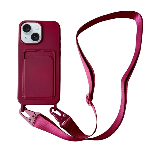 

For iPhone 14 Plus Card Slot Liquid Silicone Phone Case with Lanyard(Wine Red)