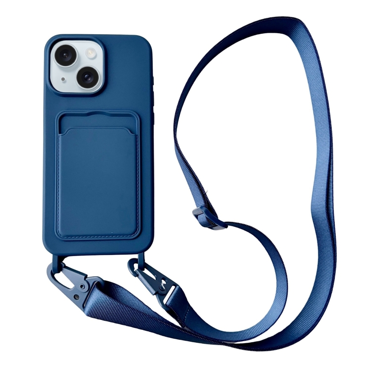 

For iPhone 14 Plus Card Slot Liquid Silicone Phone Case with Lanyard(Royal Blue)