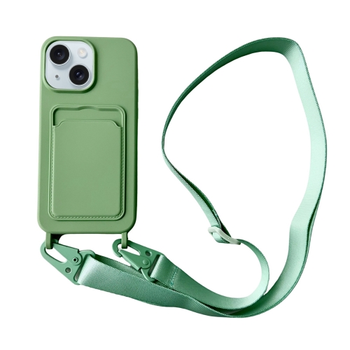 

For iPhone 14 Plus Card Slot Liquid Silicone Phone Case with Lanyard(Matcha Green)