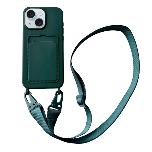 

For iPhone 14 Plus Card Slot Liquid Silicone Phone Case with Lanyard(Dark Green)