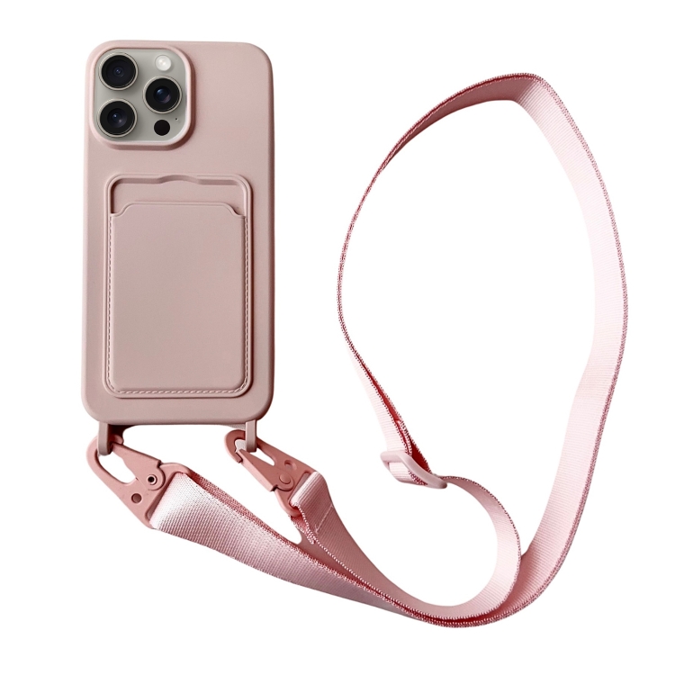 

For iPhone 14 Pro Card Slot Liquid Silicone Phone Case with Lanyard(Light Pink)