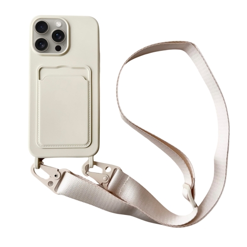 

For iPhone 14 Pro Max Card Slot Liquid Silicone Phone Case with Lanyard(White)