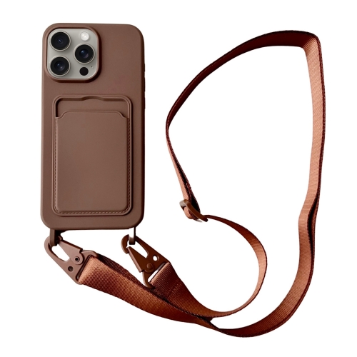 

For iPhone 14 Pro Max Card Slot Liquid Silicone Phone Case with Lanyard(Coffee)