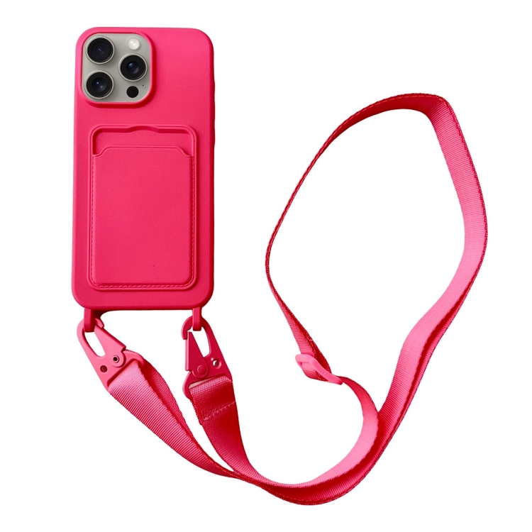 

For iPhone 14 Pro Max Card Slot Liquid Silicone Phone Case with Lanyard(Rose Red)