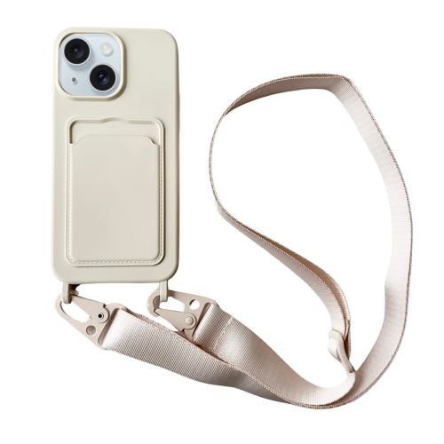

For iPhone 15 Card Slot Liquid Silicone Phone Case with Lanyard(White)