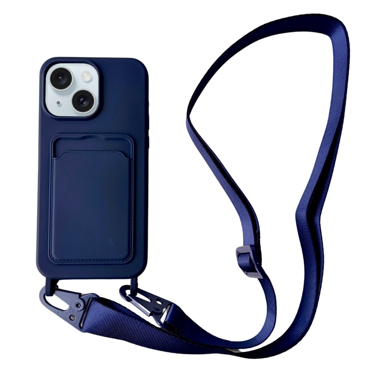 

For iPhone 15 Card Slot Liquid Silicone Phone Case with Lanyard(Dark Blue)