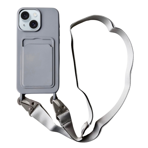 

For iPhone 15 Card Slot Liquid Silicone Phone Case with Lanyard(Grey)