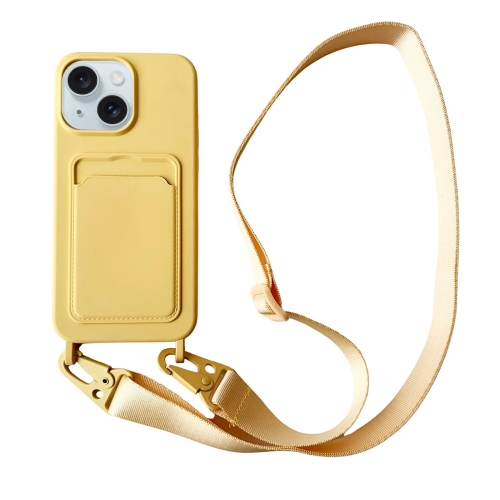 

For iPhone 15 Card Slot Liquid Silicone Phone Case with Lanyard(Yellow)