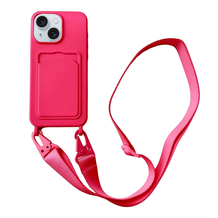 

For iPhone 15 Card Slot Liquid Silicone Phone Case with Lanyard(Rose Red)