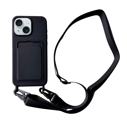 

For iPhone 15 Plus Card Slot Liquid Silicone Phone Case with Lanyard(Black)