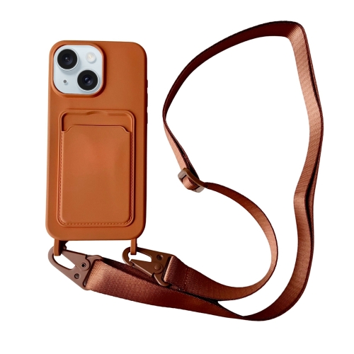 

For iPhone 15 Plus Card Slot Liquid Silicone Phone Case with Lanyard(Brown)