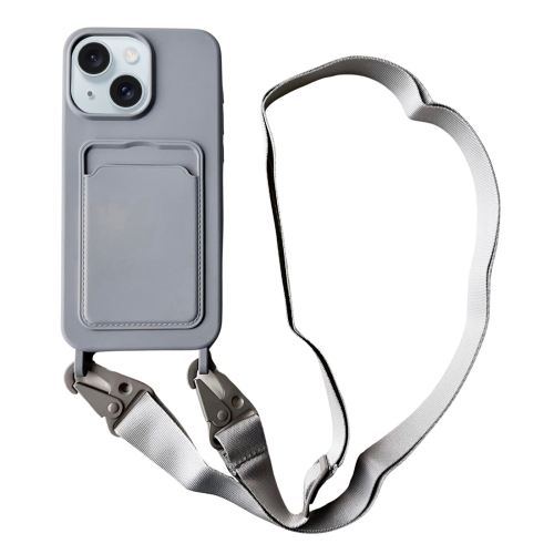 

For iPhone 15 Plus Card Slot Liquid Silicone Phone Case with Lanyard(Grey)