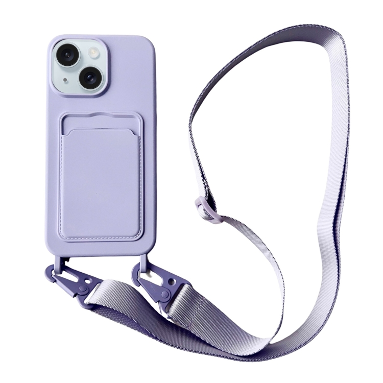 

For iPhone 15 Plus Card Slot Liquid Silicone Phone Case with Lanyard(Light Purple)