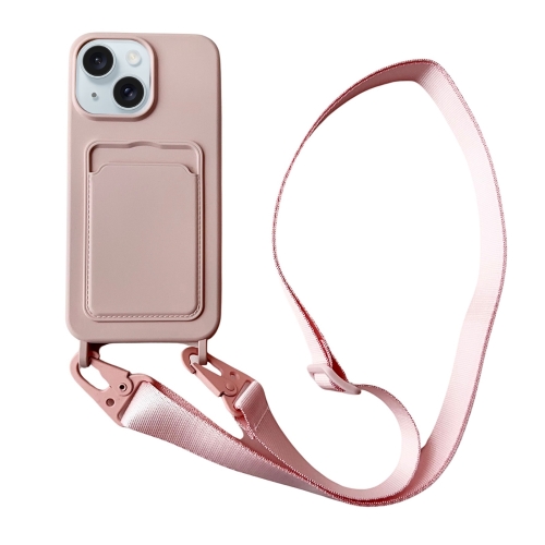 

For iPhone 15 Plus Card Slot Liquid Silicone Phone Case with Lanyard(Light Pink)