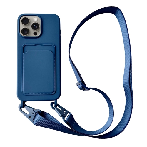 

For iPhone 15 Pro Card Slot Liquid Silicone Phone Case with Lanyard(Royal Blue)