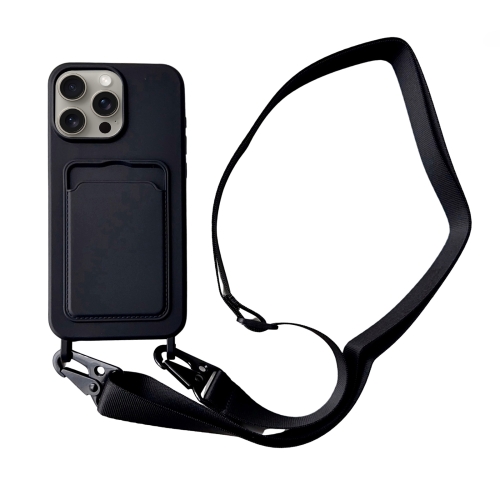 

For iPhone 15 Pro Max Card Slot Liquid Silicone Phone Case with Lanyard(Black)