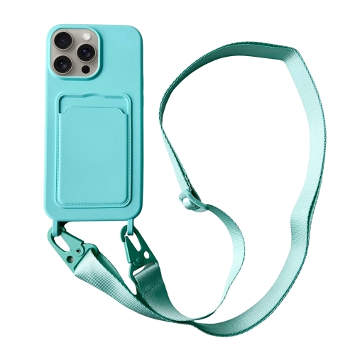 

For iPhone 15 Pro Max Card Slot Liquid Silicone Phone Case with Lanyard(Mint Green)