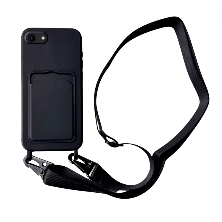 

For iPhone SE 2022 / 2020 Card Slot Liquid Silicone Phone Case with Lanyard(Black)