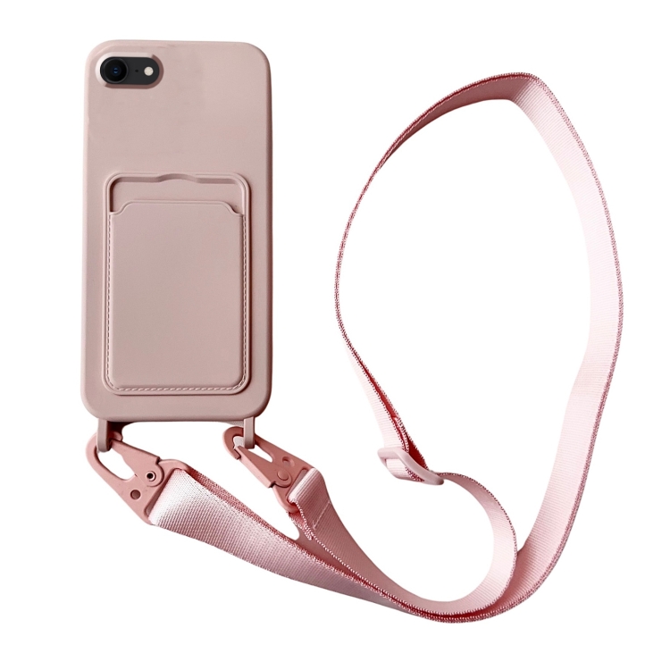 

For iPhone SE 2022 / 2020 Card Slot Liquid Silicone Phone Case with Lanyard(Light Pink)