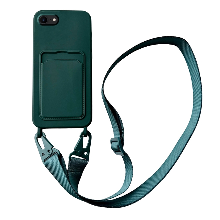 

For iPhone SE 2022 / 2020 Card Slot Liquid Silicone Phone Case with Lanyard(Dark Green)