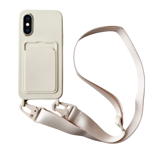 

For iPhone XS / X Card Slot Liquid Silicone Phone Case with Lanyard(White)