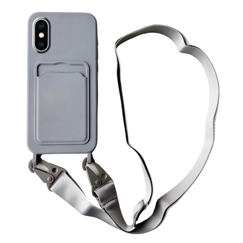 

For iPhone XS / X Card Slot Liquid Silicone Phone Case with Lanyard(Grey)