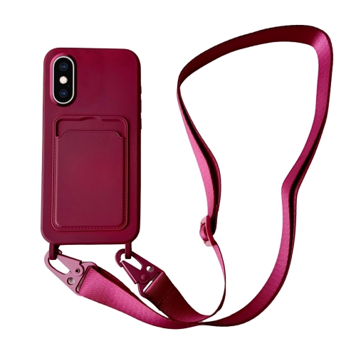 

For iPhone XS / X Card Slot Liquid Silicone Phone Case with Lanyard(Wine Red)