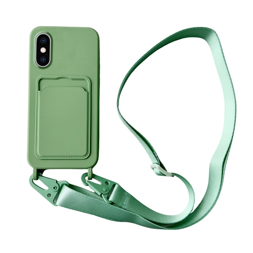 

For iPhone XS / X Card Slot Liquid Silicone Phone Case with Lanyard(Matcha Green)